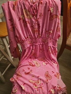 Women's Pink Paisley Maxi Dress - Elastic Waist, Tie Neck